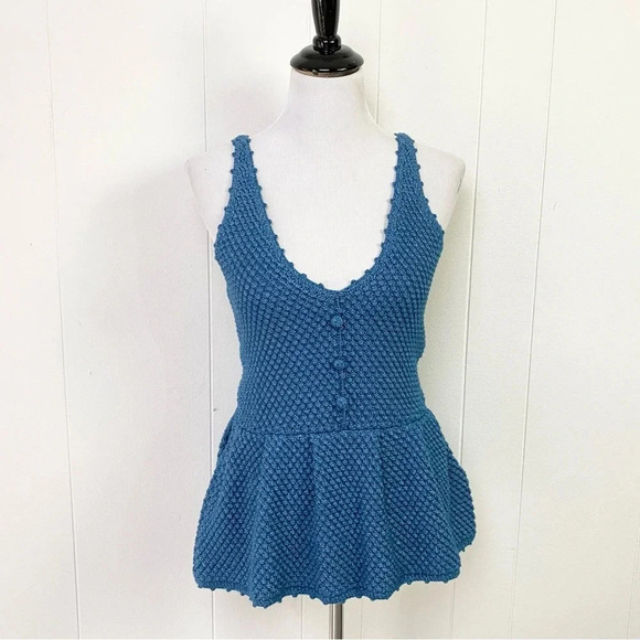7 FOR ALL MANKIND boho knit crochet peplum top V Neck Bobble Knit Sz S Cottage - Picture 1 of 15